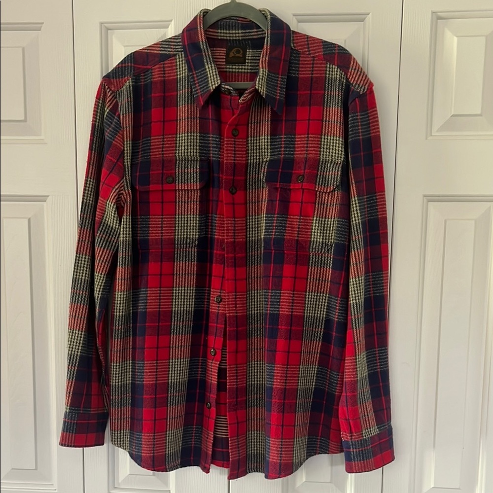 Red and Black Casual Button Down Shirt with Plaid Pattern